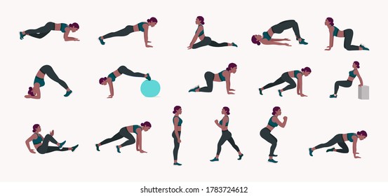 Workout Women set. Women doing fitness and yoga exercises. Lunges, Pushups, Squats, Dumbbell rows, Burpees, Side planks, Situps, Glute bridge, Leg Raise, Russian Twist, Side Crunch .etc