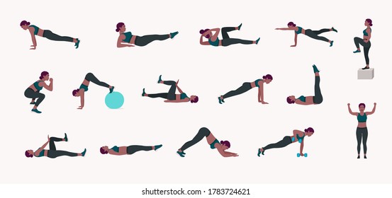 Workout Women set. Women doing fitness and yoga exercises. Lunges, Pushups, Squats, Dumbbell rows, Burpees, Side planks, Situps, Glute bridge, Leg Raise, Russian Twist, Side Crunch .etc