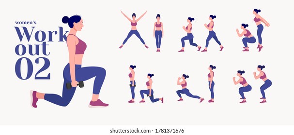 Workout women set. Women fitness and yoga exercises. Lunges, Pushups, Squats, Dumbbell rows, Burpees, Side planks, Situps, Glute bridge, Leg Raise, 
Russian Twist, Side Crunch, Mountain Climbers.etc