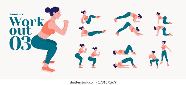 Workout women set. Women fitness and yoga exercises. Lunges, Pushups, Squats, Dumbbell rows, Burpees, Side planks, Situps, Glute bridge, Leg Raise, 
Russian Twist, Side Crunch, Mountain Climbers.etc