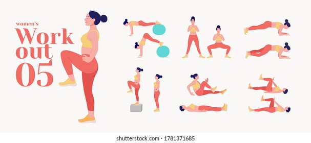 Workout women set. Women fitness and yoga exercises. Lunges, Pushups, Squats, Dumbbell rows, Burpees, Side planks, Situps, Glute bridge, Leg Raise, 
Russian Twist, Side Crunch, Mountain Climbers.etc