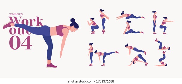 Workout women set. Women fitness and yoga exercises. Lunges, Pushups, Squats, Dumbbell rows, Burpees, Side planks, Situps, Glute bridge, Leg Raise, 
Russian Twist, Side Crunch, Mountain Climbers.etc