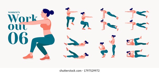 Workout women set. Women fitness and yoga exercises. Lunges, Pushups, Squats, Dumbbell rows, Burpees, Side planks, Situps, Glute bridge, Leg Raise, Russian Twist, Side Crunch, Mountain Climbers.etc