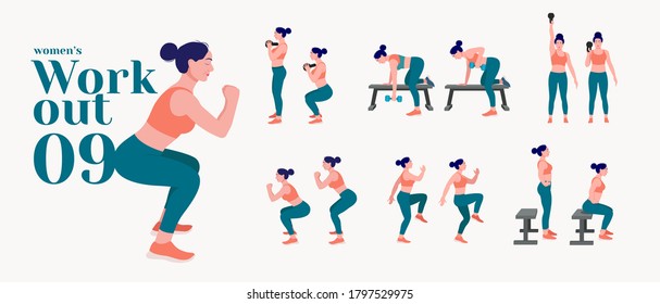 Workout women set. Women fitness and yoga exercises. Lunges, Pushups, Squats, Dumbbell rows, Burpees, Side planks, Situps, Glute bridge, Leg Raise, Russian Twist, Side Crunch, Mountain Climbers.etc