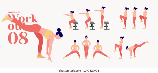 Workout Women Set. Women Fitness And Yoga Exercises. Lunges, Pushups, Squats, Dumbbell Rows, Burpees, Side Planks, Situps, Glute Bridge, Leg Raise, Russian Twist, Side Crunch, Mountain Climbers.etc