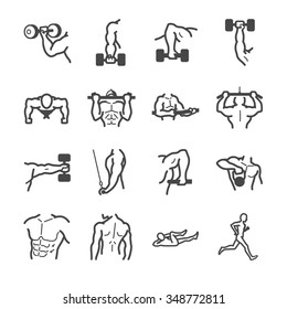 Workouts icon set. Included the icons as muscle, exercise, training, gym, body weight, run and more.