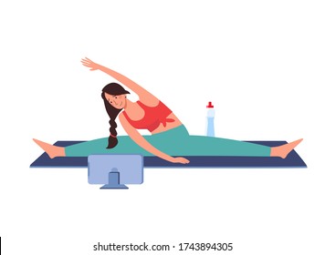 Workouts online, fitness, vector. The girl goes in for sports at home via video communication on the tablet. The woman does gymnastics,
trains flexibility, sat on the twine and makes bends. isolated