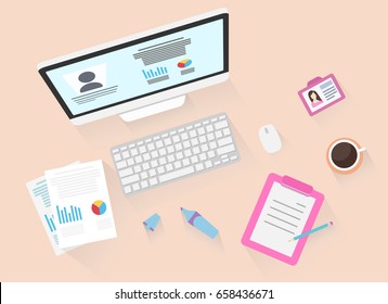 Workplace from above with documents, badge, coffee, notepad