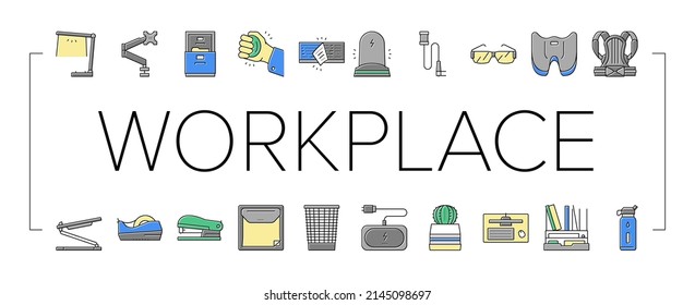 Workplace Accessories And Tools Icons Set Vector. Workplace Desk Organizer And Monitor Arm, Stapler And Tape Dispenser Stationery, Table Phone Holder And Wireless Charger Line. Color Illustrations
