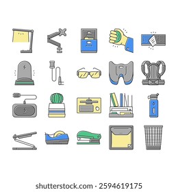 Workplace Accessories And Tools Icons Set Vector. Workplace Desk Organizer And Monitor Arm, Stapler And Tape Dispenser Stationery, Table Phone Holder And Wireless Charger Line. Color Illustrations