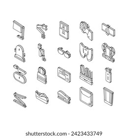 Workplace Accessories And Tools isometric icons set. Workplace Desk Organizer And Monitor Arm, Stapler And Tape Dispenser Stationery, Table Phone Holder And Wireless Charger Line. Color .