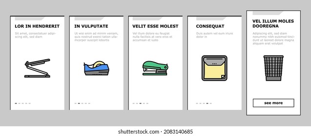 Workplace Accessories And Tools Onboarding Mobile App Page Screen Vector. Workplace Desk Organizer And Monitor Arm, Stapler Tape Dispenser Stationery Table Phone Holder Wireless Charger. Illustrations
