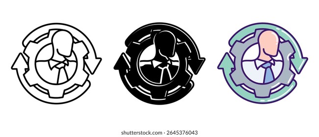 Workplace Adaptation icon represented by employee, gear, circle arrow Line, Filled, Color style.
