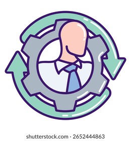 Arbeitsplatzanpassung Symbol, dargestellt durch Mitarbeiter, Zahnrad, Kreispfeil Lineale Farbart.