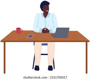 Workplace of african man isolated on white background. Male employee using laptop computer for project creation. Brainstorming person at workspace. Dark-skinned guy during work with technology