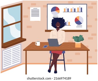 Workplace of african woman working from office. Employee using laptop computer for project creation. Brainstorming lady at workspace vector illustration. Dark-skinned girl during work with technology