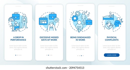 Workplace anxiety reasons blue onboarding mobile app screen. Disorder walkthrough 4 steps graphic instructions pages with linear concepts. UI, UX, GUI template. Myriad Pro-Bold, Regular fonts used