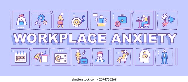 Workplace anxiety word concepts purple banner. Stress at work. Infographics with linear icons on background. Isolated typography. Vector outline color illustration with text. Arial-Black font used