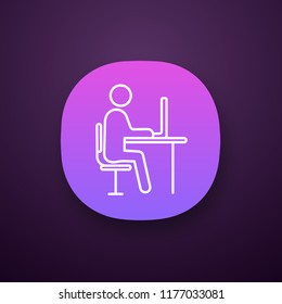 Workplace app icon. UI/UX user interface. Work space. Office worker. Freelance job. Person working with laptop. Web or mobile application. Vector isolated illustration