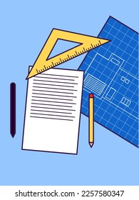 Workplace of an architect in cartoon style