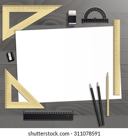 Workplace art board, paper, ruler, protractor, pencils, eraser and sharpener realistic plastic on a wooden background