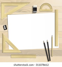 Workplace art board, paper, ruler, protractor, pencils, eraser and sharpener realistic on a wooden background
