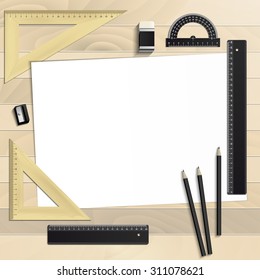 Workplace art board, paper, ruler, protractor, pencils, eraser and sharpener realistic plastic on a wooden background
