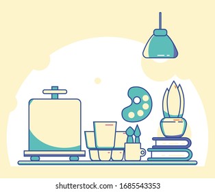 Workplace of artist. Table with tubes of paint, easel, palette, books, houseplant. Lifestyle home activity, Painting hobby.
