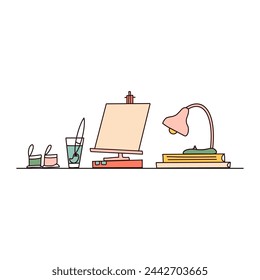 Workplace of artist. Table with tubes of paint, easel, palette, books, houseplant. Lifestyle home activity, Painting hobby.