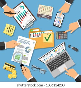 Workplace Auditing, Tax process, calculation, Accounting Concept. Hands holds Magnifier and Checks financial report. Charts on Documents, Smartphone, Laptop. Flat icons. Isolated vector illustration