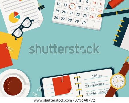 Workplace background with space for your text. Time management or business planning concept. Vector banner in flat lay style.