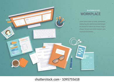 Workplace background. Top view of table with monitor, notebook, folder with documents, keyboard, book, glasses, phone. Vector illustration 