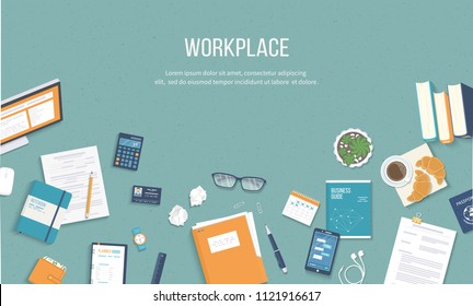 Workplace background. Top view of a table with monitor, books, documents, folder, notepad, calculator, calendar, passport, business card, coffee, headphones. Vector illustration 
