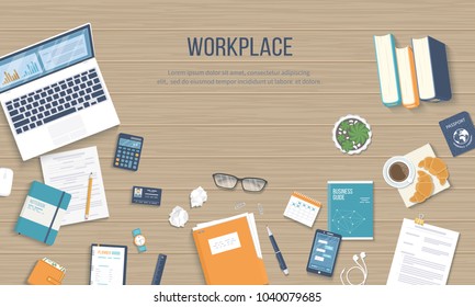 Workplace background. Top view of a wooden table with laptop, books, documents, folder, notepad, calculator, calendar, passport, business card. Vector illustration 