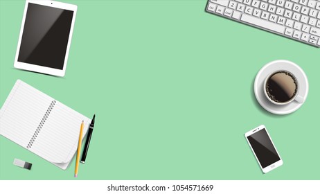Workplace Background Vector. Place For Text. Desktop Modern Devices. Realistic Illustration
