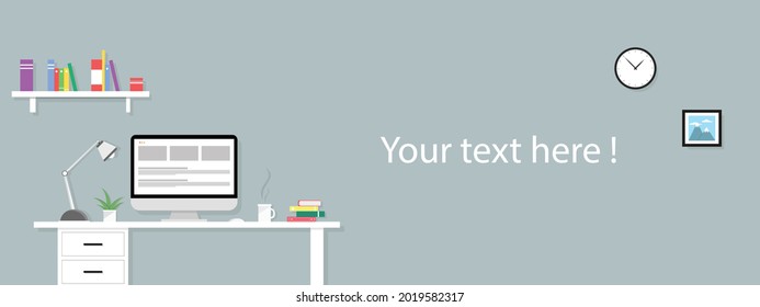 Arbeitsplatzbanner mit Computer, Desktop und Büchern. Arbeitskonzept des Büros Leerer Platz für Text. grauer Hintergrund