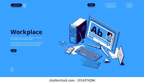 Workplace banner. Concept of organization place for job, distance work, office at home or freelance. Vector landing page with isometric illustration of desktop computer, calendar and smartphone