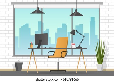 Workplace banner. Office theme flat style illustration. Vector table in empty office room. Designer cabinet in white room. 