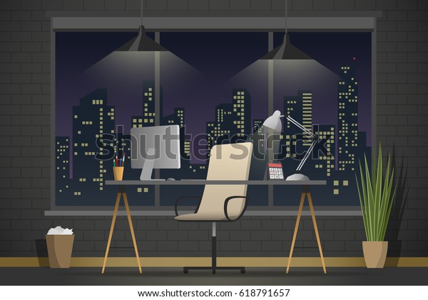 職場のバナー オフィステーマのフラットスタイルのイラスト 空のオフィスルームのベクター画像テーブル 暗い部屋の中に夜 の街の背景にデザイナーキャビネット のベクター画像素材 ロイヤリティフリー