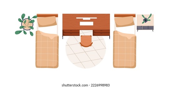 Workplace in bedroom, top view. Work desk, computer table, chair and two beds in room overhead. Home office with furniture and interior plants. Flat vector illustration isolated on white background