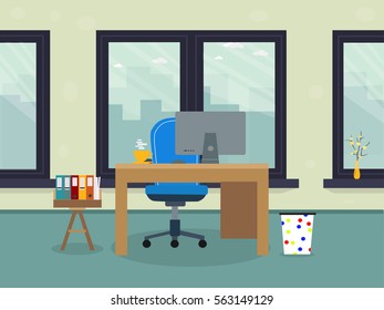 Workplace with big window with coffee with other things. illustration flat