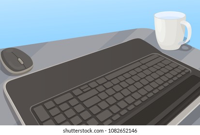 Workplace with black keyboard, computer mouse and cup of hot drink. Secretary work place working accessories for typing on desk vector illustration