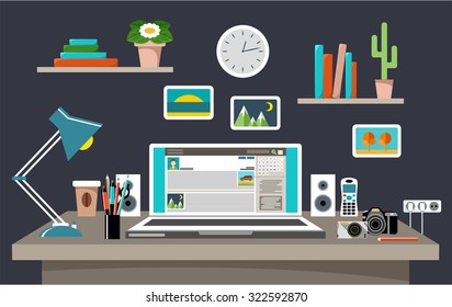 Workplace of the blogger. Vector illustration