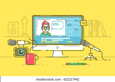 Workplace of blogger or video editor with monitor and interface of application for video editing process. Professional camera and microphone for recording. Cool modern vector illustration. Thin lines.