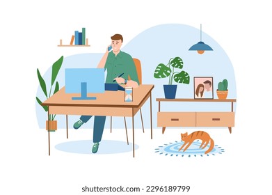 Concepto de color azul de lugar de trabajo con la escena de la gente en el diseño de dibujos planos. El hombre resuelve importantes problemas de negocios en casa. Ilustración vectorial.