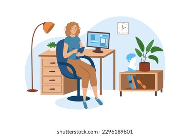 Workplace blue concept with people scene in the flat cartoon style. Woman has her own work place in the big office. Vector illustration.