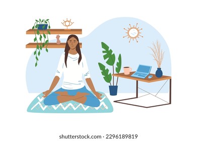 Workplace blue concept with people scene in the flat cartoon design. Woman decided take a break and do yoga exercises on her work place. Vector illustration.