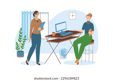 Workplace blue concept with people scene in the flat cartoon style. Manager came to the new employee to show him the new workplace. Vector illustration.