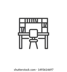 Workplace with bookcase line icon. linear style sign for mobile concept and web design. Office table with bookshelf and chair outline vector icon. Symbol, logo illustration. Vector graphics