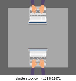 Workplace brainstorming in flat style. Workplace freelance worker. Top view. Concept of the coworking center. Shared working environment.
